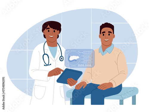World Pancreatic Cancer Day. Doctor is talking to an elderly patient. Awareness of the elderly about Pancreatic disease