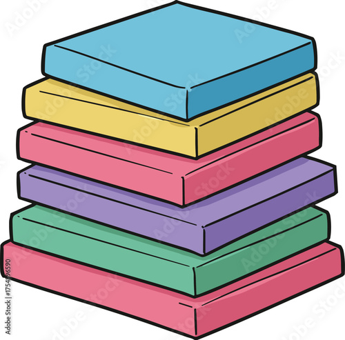 Colorful stacked books, vibrant boxes, school supplies, educational design, rainbow colors, organized layout, playful composition, isolated background, kids learning tools