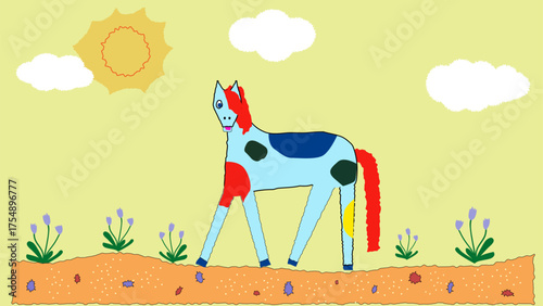 This charming hand drawn sketch depicts a horse in a whimsical childlike style The simple lines and playful naive look of the drawing convey the innocence and creativity of childhood