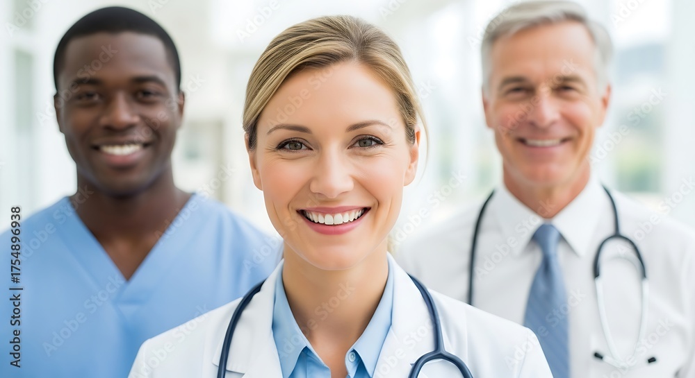 Fototapeta premium Smiling medical team consisting of doctor and nurse standing in hospital hallway
