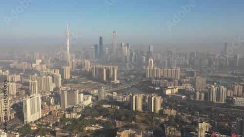 Aerial view of residential flats, commercial buildings, modern office buildings, skyline of Guangzhou city in China

