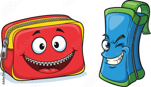 Cartoon pencil cases, smiling faces, colorful school supplies, kids stationery, expressive characters, playful design, fun classroom tools, cheerful accessories, animated zipper bags