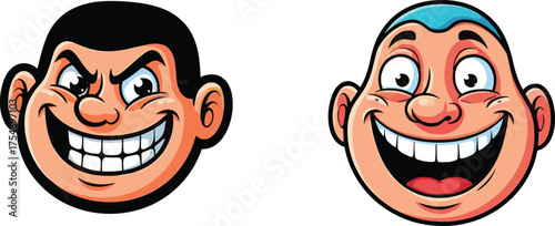 Cartoon faces, expressive emotions, exaggerated characters, mischievous grin, joyful smile, funny illustration, comic style, vibrant artwork, playful design, emotional contrast