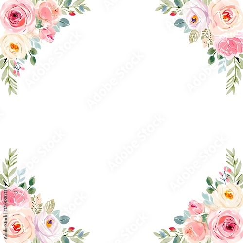 Soft watercolor floral arrangement in corners with white space for text