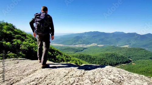A hiker stands atop a rocky mountain peak, overlooking a valley