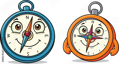 Cartoon compass characters, directional tools, educational illustration, happy faces, kids learning, navigation theme, colorful design, school supplies, fun art, animated style
