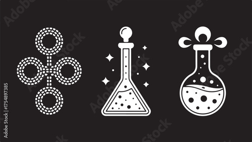 Ancient alchemy symbols mosaic style retro mystical chemistry science flasks esoteric art