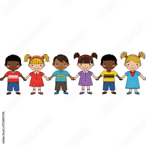 Diverse group of happy cartoon children holding hands in a row.