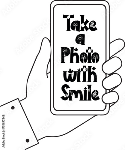 Hand holding a smartphone displaying the text take a photo with smile in a playful font