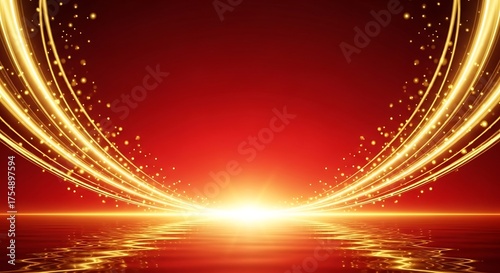 Golden light streaks on a red background create a stagelike effect with water reflection