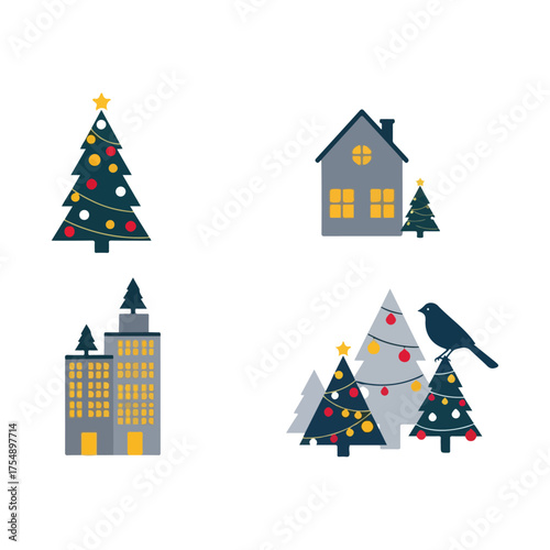 Festive Christmas scene featuring trees, houses, and a bird, holiday season.