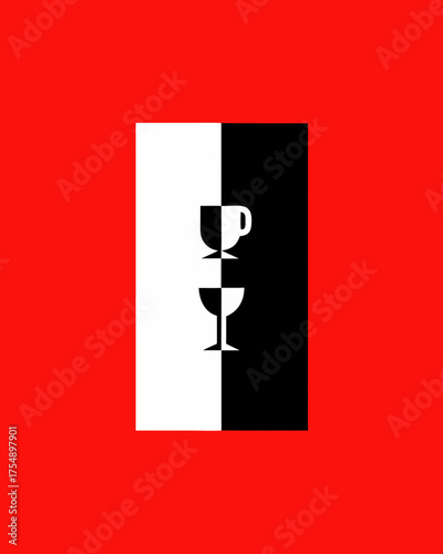 Minimalist Line Art | Black and White on Red Background | Modern Graphic | Coffee Cup and Wine Glass Illustration