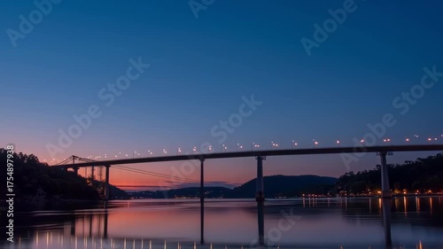 A tranquil bridge at dawn over a river