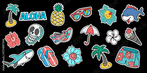 Fun summer vacation tropical beach icons and aloha sign collection