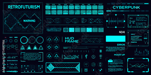 Retro futurism and cyberpunk digital interface elements with warning and error messages on a dark background