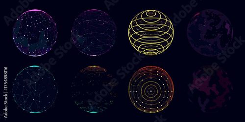 Collection of abstract digital spheres with glowing lines and dots on a dark background