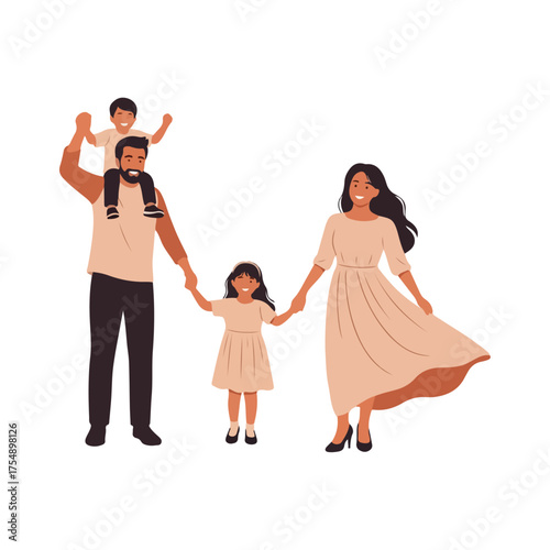 Happy family holding hands and smiling together in a portrait.
