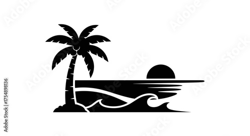 Black silhouette of a tropical palm tree on a beach at sunset.