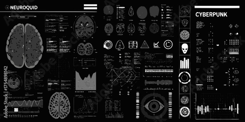 Futuristic cyberpunk brain scan interface with data visualizations and neural network diagrams