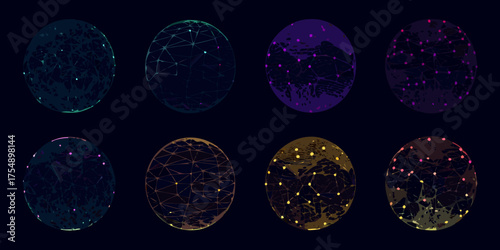 Eight abstract glowing spheres with interconnected lines and dots against a dark background