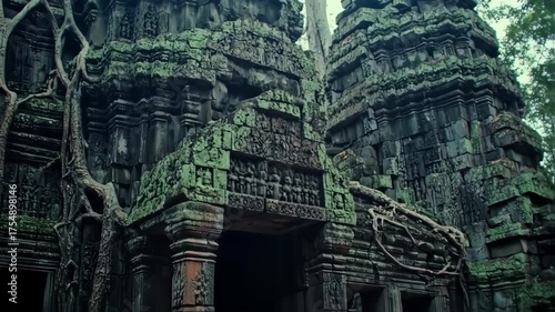 Ancient stone structures overgrown with vines