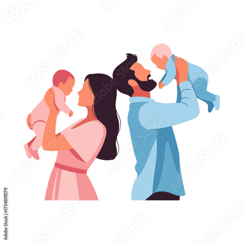 Happy parents holding their babies up in the air.