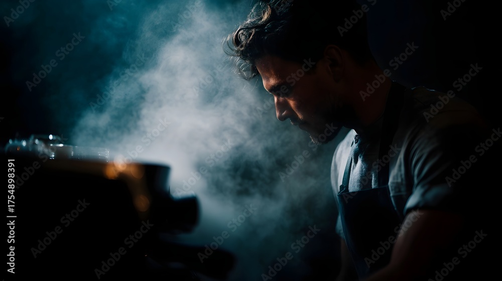 Obraz premium Barista preparing coffee with steam in a moody atmospheric cafe setting