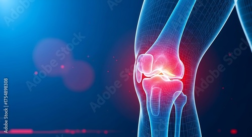 3d illustration of painful knee joint with inflammation and pain on blue background