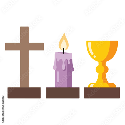 Set of Christian religious symbols with cross candle and chalice.