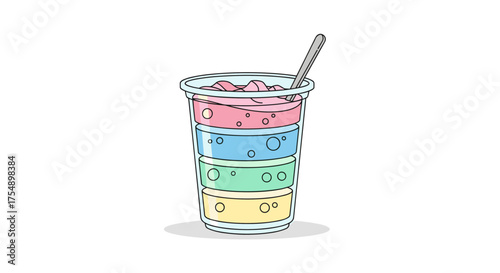 Colorful layered drink in a clear plastic cup with a spoon.