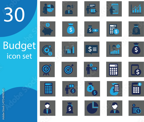Comprehensive budget icon set featuring financial planning savings and investment symbols isolated on transparent background