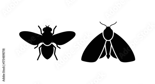 Fly and moth insect black silhouette icons isolated on white.
