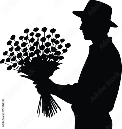 Silhouette of a Man in a Hat Holding a Bouquet of Flowers