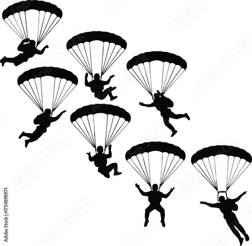 Collection of Parachuting Skydiver Silhouettes for Extreme Sports