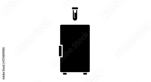 Laboratory equipment and test tube above a refrigerator.