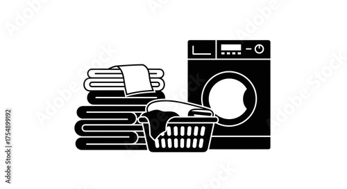 Laundry Day Icon with Washing Machine and Clothes Basket.
