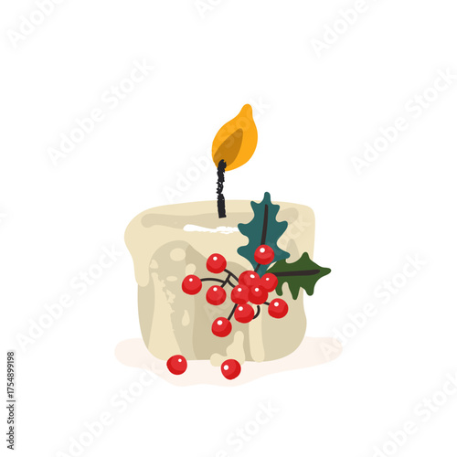 Composition of white burning aroma candle, ashberry, orange slices. Vector illustration, good for thematic emblem, banner, calligraphy poster, greeting card, party invitation.