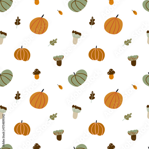 Vector seamless pattern of different pumpkins, leaves and mushrooms on white background, good for design, cards, autumn posters, packaging, Thanksgiving, Halloween.