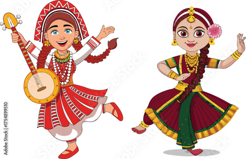 Two women in traditional Indian dance costumes with musical instrument