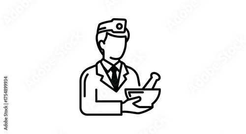Pharmacist Line Icon with Mortar and Pestle.