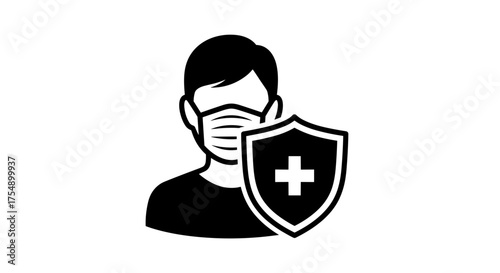 Person wearing a face mask with a health protection shield icon.
