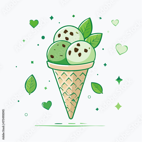 Cool Cone Delight: A refreshing mint ice cream with dark chocolate chips is nestled in a crisp cone, creating a cool and inviting treat, complemented by heart and leaf shapes.