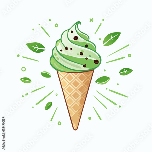 Mint Chocolate Chip Ice Cream: A tempting swirl of mint-flavored ice cream, dotted with rich chocolate chips, nestles within a crisp waffle cone, surrounded by fresh mint leaves.
