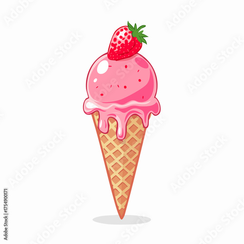 Strawberry Ice Cream Delight: A vibrant and delectable strawberry ice cream cone, topped with a fresh strawberry, exudes pure refreshment and indulgence. A perfect treat for those hot summer days.