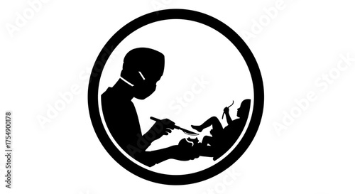 Silhouette icon of a surgeon operating on a baby.