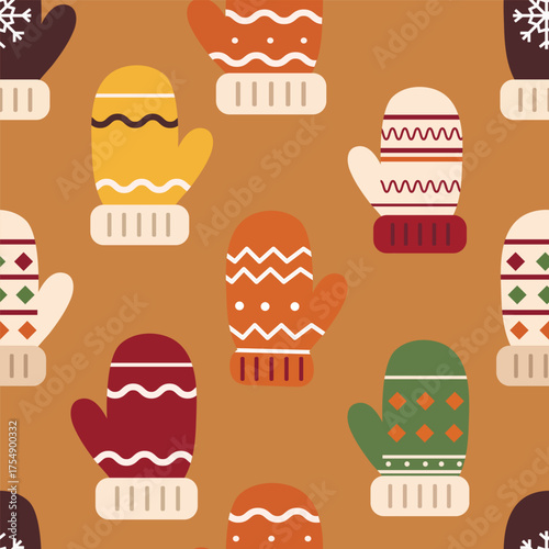 A seamless retro pattern featuring children's mittens of various shapes and sizes, decorated with zigzags, stripes, dots, diamonds, and stars.