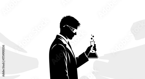 Silhouette of a male scientist holding a chemical flask.