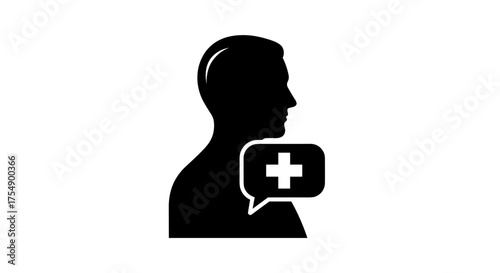 Silhouette of a person with a speech bubble containing a plus sign.