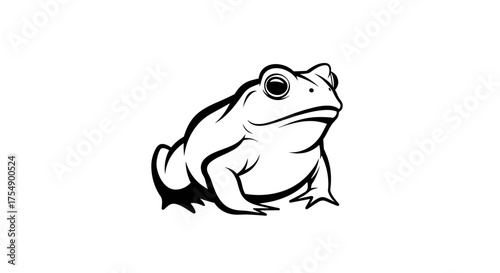 Simple black and white line art illustration of a frog sitting calmly on a white background.