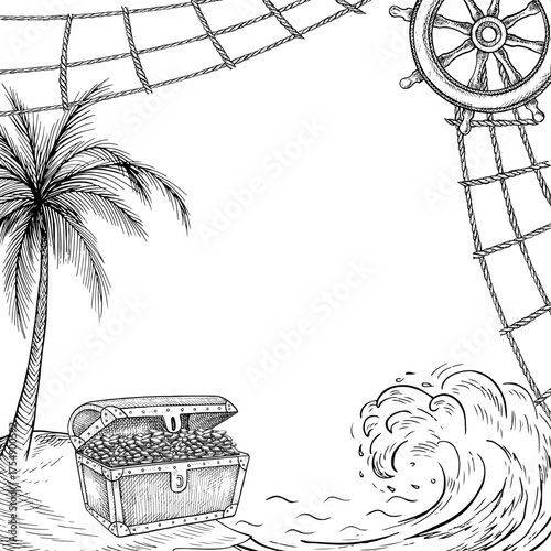 Frame Treasure Island. Black and white graphics, hand-drawn vector illustration. An old chest with gold coins on an island under a palm tree. For children s games, holidays, postcards, and posters.
